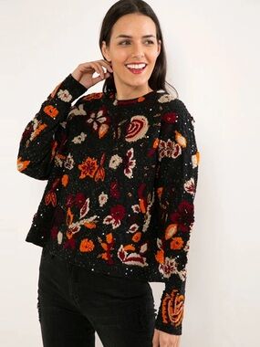 NWT Rare Zara Floral Embroidered Sequin Beaded Sweater Limited Edition | Sz M